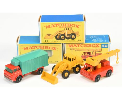 Matchbox Regular Wheels group (1) 42c Iron Fairy Crane - orangey red body, yellow jib and plastic hook; (2) 44c GMC Refrigera
