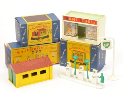 Matchbox&nbsp; Accessory Packs group Of 3 - (1) A1 "BP" Petrol Pump Set with figure lamp posts and sign, (2) A3 Lock-Up Garag
