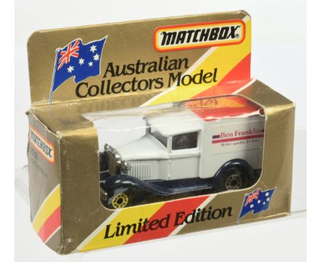 Matchbox Superfast MB38 Ford Model A Van "Ben Franklin" - White body, blue chassis, red roof - Near Mint in a Good Sealed Gol