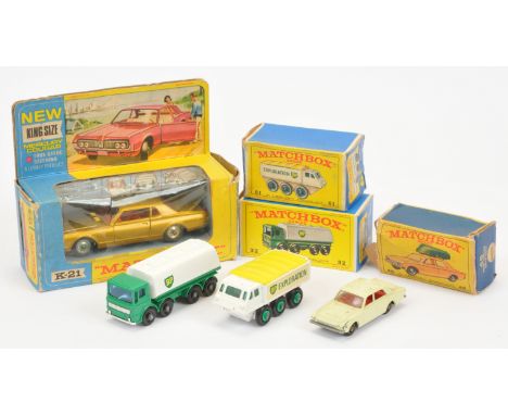 Matchbox&nbsp; Regular Wheel Group Of 3 - (1) 32c Leyland "BP" Tanker - Green cab and chassis, white tanker, (2) 45b Ford Cor