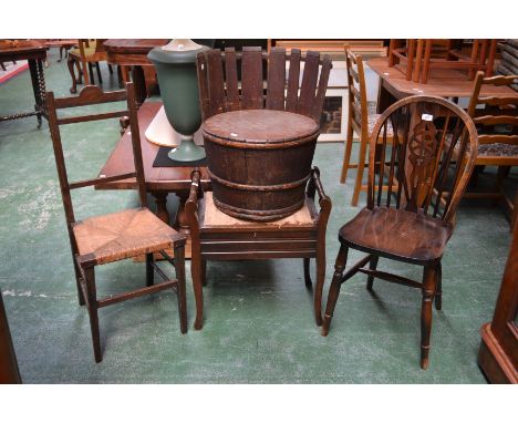 An unusual chair fashioned from a barrel; other chairs; a stool (4)