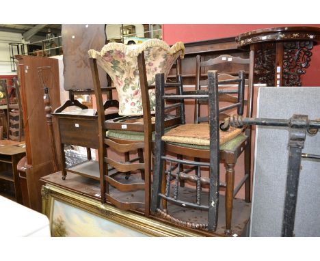 A mahogany folding table; a standard lamp; a mahogany work box; a country kitchen chair; three oak ladder back chairs