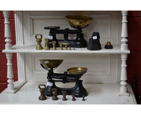 A set of Salter counter balance kitchen scales with a sets of bell weights and another set of weights; another, Librasco with