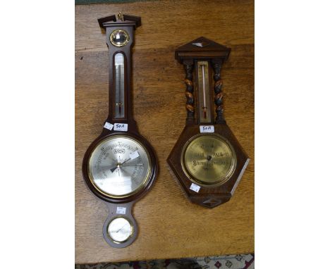 Barometers - a Sheffield Goldsmiths Co. Ltd. oak barometer, barley twist columns, early 20th century; another, mahogany, late