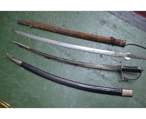 A Japanese sword blade and scabbard; a curved sword and scabbard (2)