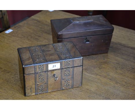 A 19th century Tunbridge inlaid caddy; a Georgian mahogany caddy