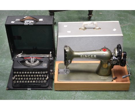 A Vintage Imperial Model T portable typewriter, cased; a Singer hand operated sewing machine, cased (2)