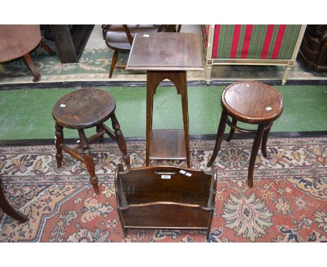 A 19th century Elm stool, a mid 20th century bentwood stool, an oak canterbury and mahogany pot stand (4)