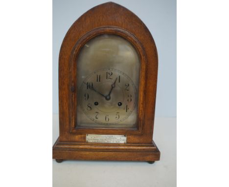 Victorian Mantle Clock Presentation Plaque Musical Director Tivoli Music Hall Barrow-in-Furness, dated 1916 - 39cm h 