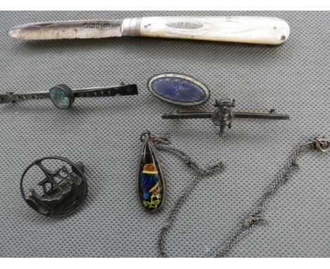 Silver Mother of Pearl Fruit Knife together with Silver  Enamel Brooch &amp; Others 