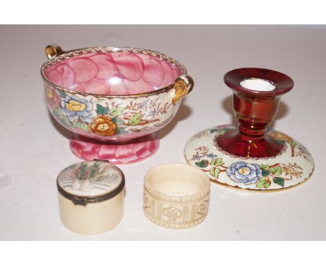 Maling Dish together with a Candlestick, Bone Napkin Ring and a possibly Ivory Trinket Box 