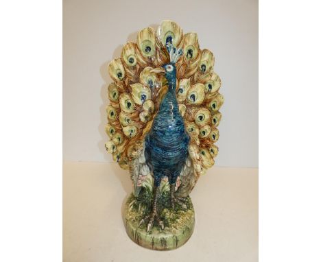 Large Ceramic Peacock with Flower Pocket to Verso, Possibly German (See Photos) - 44cm h 
