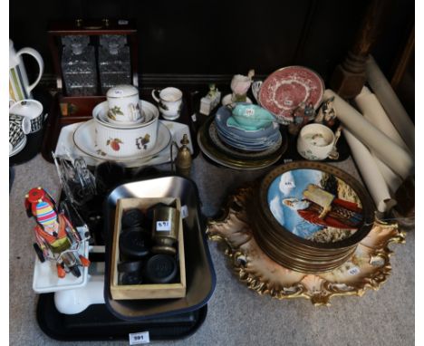A lot comprising scales and weights, carved elephant figures, glass swan trinket dishes, Royal Worcester 'Evesham' tablewares
