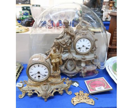 A French gilded clock under glass dome (no base), another clock depicting a scholar and a guilloche enamel clock Condition Re