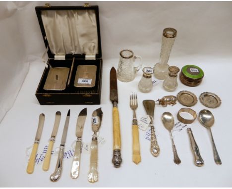 A cased silver brush and comb set, Birmingham 1959, with a box of assorted silver handled knives, silver mounted jug, vase, m