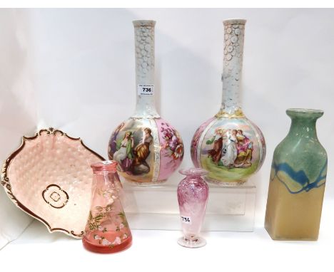 A pair of continental bottle vases, a pink glass water pitcher and glass and other items (6) Condition Report: Available upon