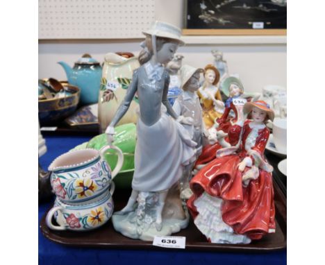 Four Royal Doulton figures including Top o The Hill, Valerie, Autumn Breezes, and Sandra, a Poole pottery cream jug and sugar