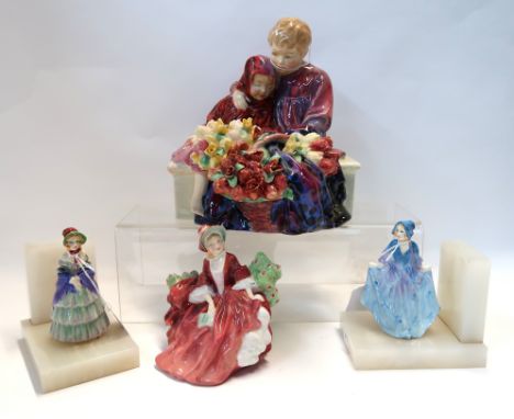 Royal Doulton figures including The Flower Sellers Children, Lydia and two mounted on onyx bookends including a Victorian lad