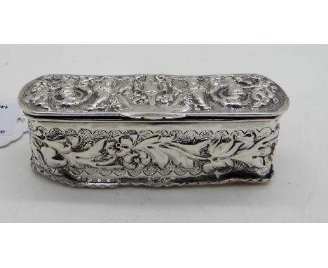 An embossed silver snuff box, London 1887, 8.3cm wide, 57gms Condition Report: Damaged at one corner of the base^ bashed in .