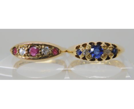 An 18ct gold sapphire and diamond ring hallmarked London 1918, size K, together with a 9ct ruby and cz ring size L1/2 Conditi