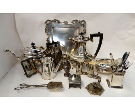 A tray lot of EP - part tea service, small chamberstick, toothpick holders etc Condition Report: Available upon request