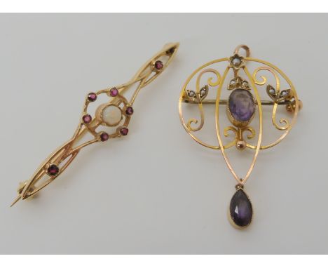 A 9ct gold Edwardian pendant brooch set with amethysts and pearls, length 4.4cm, together with a 9ct gold ruby and opal brooc