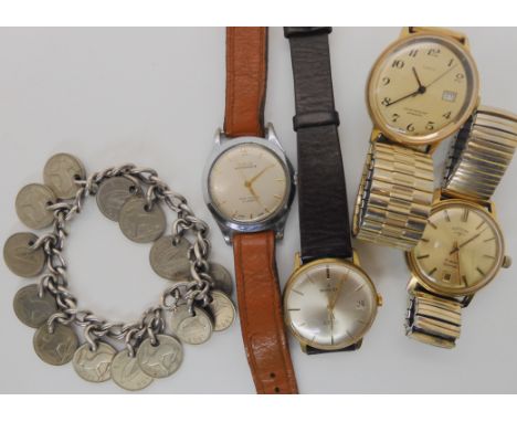Four gents vintage watches to include Invicta, Rotary, Timex and Oris, a silver curb chain bracelet hung with Irish three shi