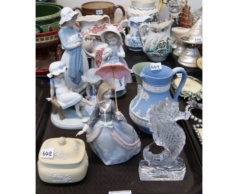 A collection of Nao and Lladro figures, a Waterford crystal seahorse and three pieces of Wedgwood jasperware Condition Report