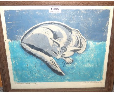 SALIM SOLDAN Cat, signed, wood block print, 7 of 30 ,30 x 34cm and KATRIINA HYSLOP Silk embroidery, 17 x 15cm (2) Condition R