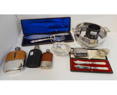 A tray lot of EP - tankard, dish, frame, hip flask, cased cutlery Condition Report: Available upon request