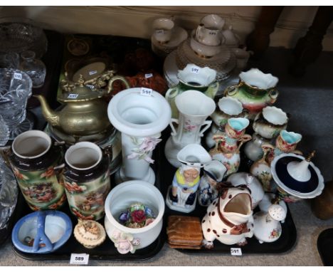 A lot comprising Royal albert 'Val Dor tableware, Asian carved wooden figures, mirror, travelling clock, assorted ceramics in