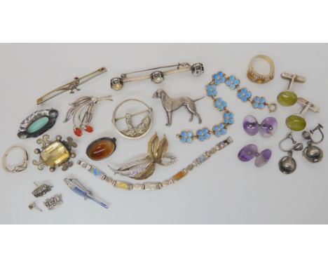 A silver and blue enamel child's bracelet by David Andersen, together with another with enamelled animals, a citrine brooch a