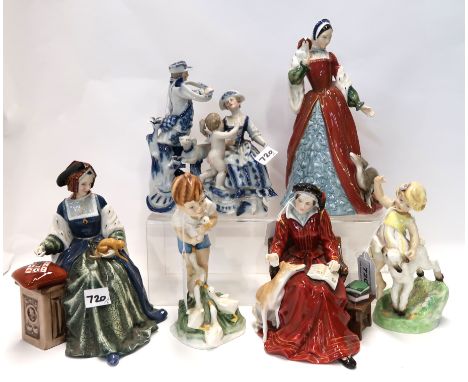 Three Royal Doulton figures including Catherine of Aragon, Anne Boleyn, and Catherine Parr, two Royal Worcester figures inclu