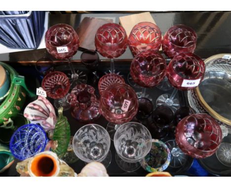 Eight ruby flashed and cut hock glasses, a pair of fern etched glasses and assorted other glassware Condition Report: Availab