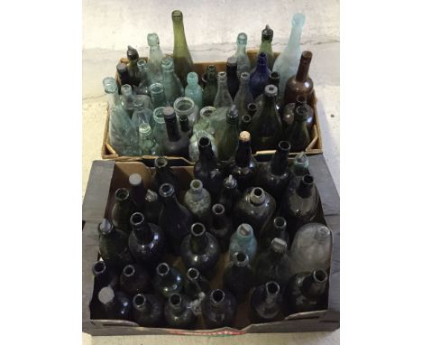 2 boxes of antique/vintage glass bottles, mostly beer bottles including ginger beer with glass marbles.  Other bottles with v