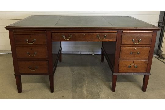 A Vintage Pedestal Desk With Green Leather Top Made By Cooke S