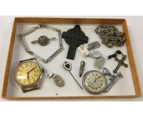 A small box of miscellaneous items to include 2 vintage watches (not working), a pair of Sterling silver cufflinks, a silver 