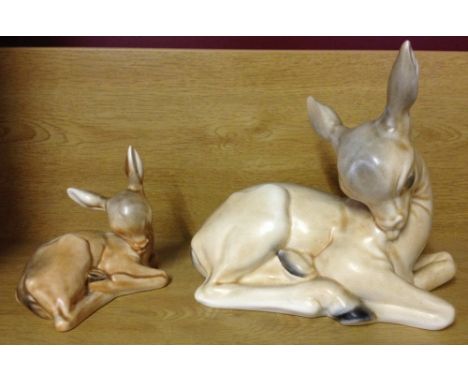 2 Poole Pottery deer / fawn figures with impressed # 806-1 & 806-2 marks. Approx 4 inches (10cm), and 7 inches (18cm) long
