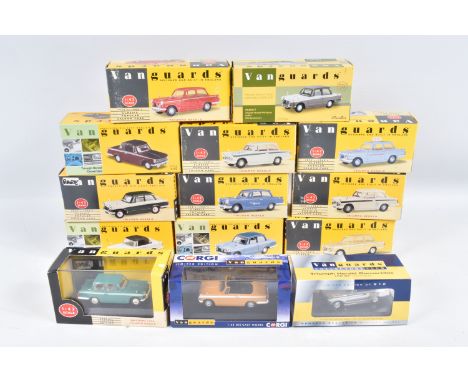 FOURTEEN BOXED 1:43 SCALE DIECAST VANGUARDS TRIUMPH HERALD MODELS, to include a Grey, item no. 644VA5005, a yellow, item no. 