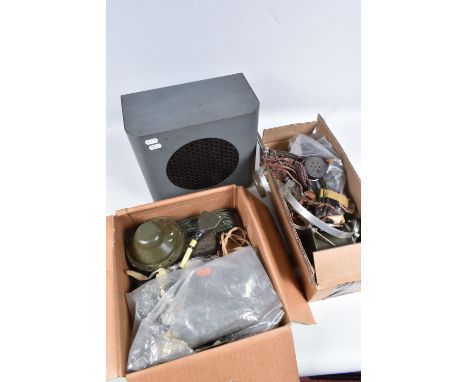 A QUANTITY OF MILITARY ELECTRICAL EQUIPTMENT, to include speakers, headphones, leads and wiring, the speakers include a small