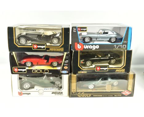 SIX BOXED METAL DIECAST 1:18 SCALE MODEL CARS, to include a Bburago 1961 Jaguar E Coupe in red, model no. 18-12044, a Bburago