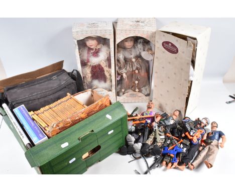 A QUANTITY OF ASSORTED HASBRO ACTION MAN FIGURES AND ACCESSORIES, a cased chess set, assorted childrens books including a col