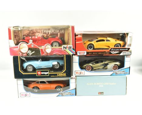 SIXED BOXED METAL DIECAST MODEL CARS, to include a Bburago 1932 Alfa Romeo 2300 Spider 1:18 scale, model no. 3508. a Maisto L