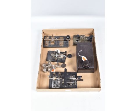 SIX MORSE CODE TRANSMITTERS, the first an Air Ministry Bakelite key morse type D, ref no.10F/7373, no serial number, a key te