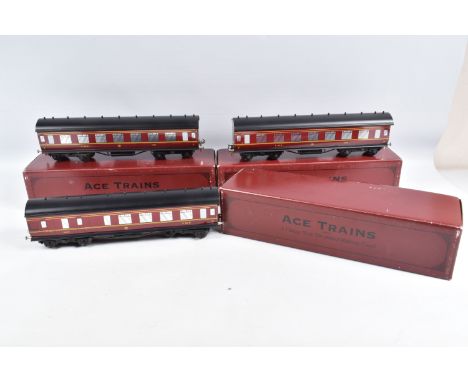 THREE BOXED ACE TRAINS O GAUGE L.M.S. CORRIDOR COACHES, 1st/3rd, 3rd and 3rd Brake, all appear complete and in very good cond