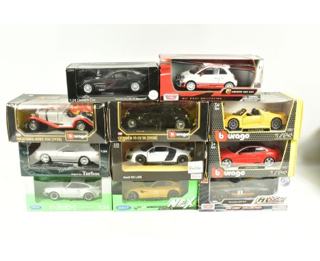 ELEVEN BOXED 1:24 SCALE DIECAST  MODEL CARS, to include a Superior Turbos Mercedes-Benz 500SL Convertible in white , item no.