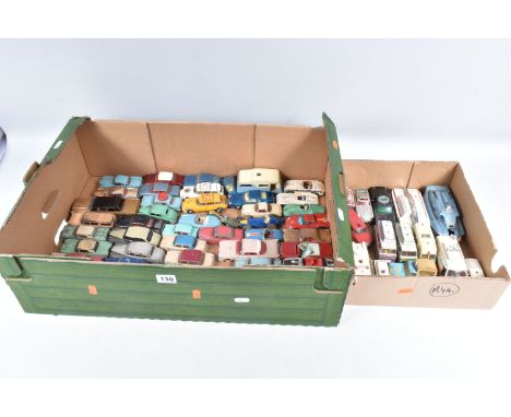 A QUANTITY OF BOXED AND UNBOXED ASSORTED PLAYWORN DIECAST VEHICLES,  majority are Dinky and Corgi car models from the 1950's 