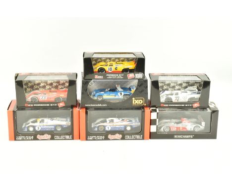 SEVEN BOXED 1:43 SCALE METAL DIECAST MODEL RACE CARS, to include a Brumm Porsche 917 Porsche Salzburg Team Le Mans 1970, mode