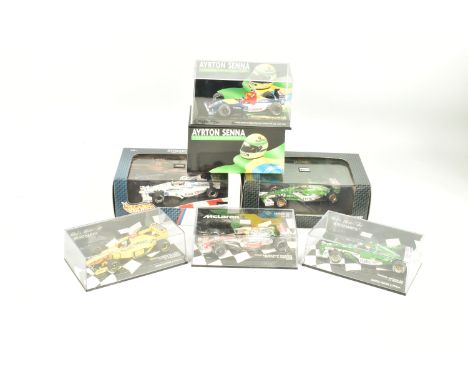 SIX BOXED 1:43 SCALE MINICHAMPS AND HOT WHEELS DIECAST MODEL FORMULA 1 RACE CARS, to include a Minichamps Ayrton Senna Britis