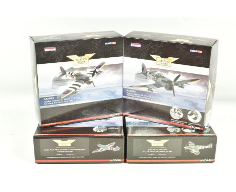 FOUR BOXED LIMITED EDITION CORGI AVIATION ARCHIVES 1:72 SCALE MODEL AIRCRAFTS, to include a Spitfire PR.XIX,  PM631, RAF Batt